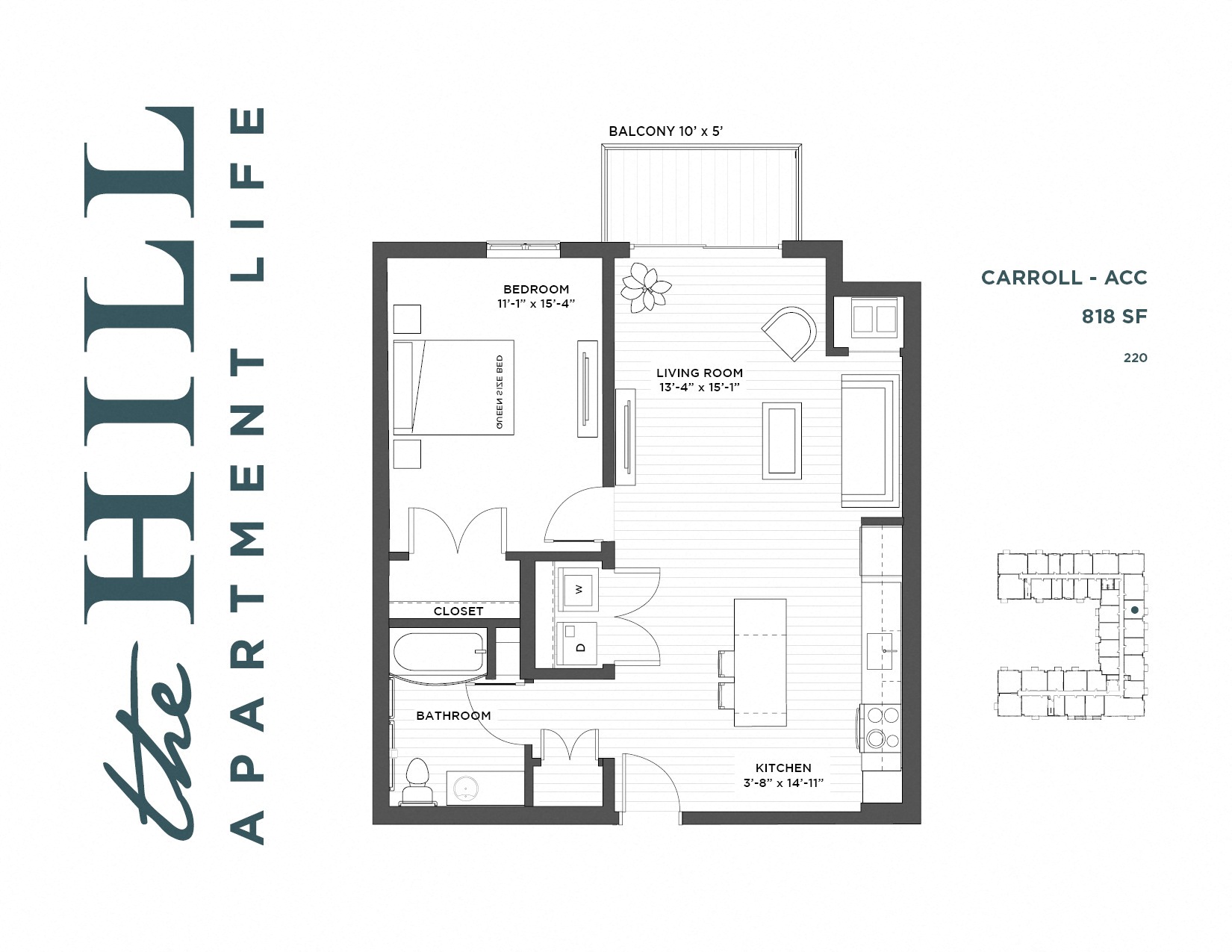 Floor plan for 1 bed, 1 bath, 818 sqft